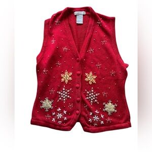 Victoria Jones Vintage Red Beaded Snowflake Sweater Vest | Large